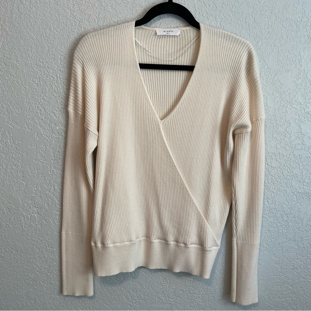 Elodie Sweater Crossover Wool Blend Ribbed Long Sleeve Top Women’s Large